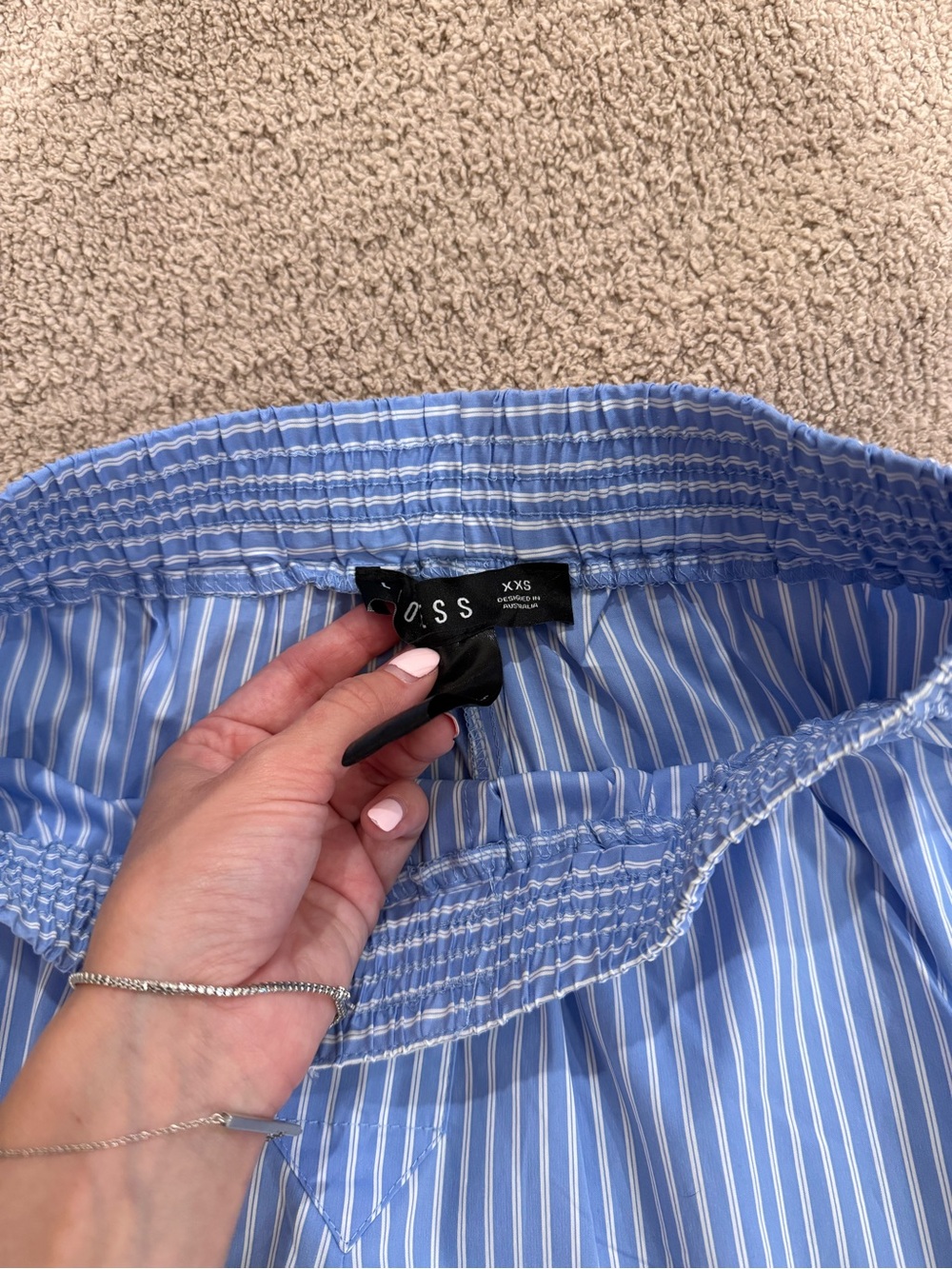 Light Blue and White Pinstripe Elastic-Waist Shorts - Picture 3 of 4